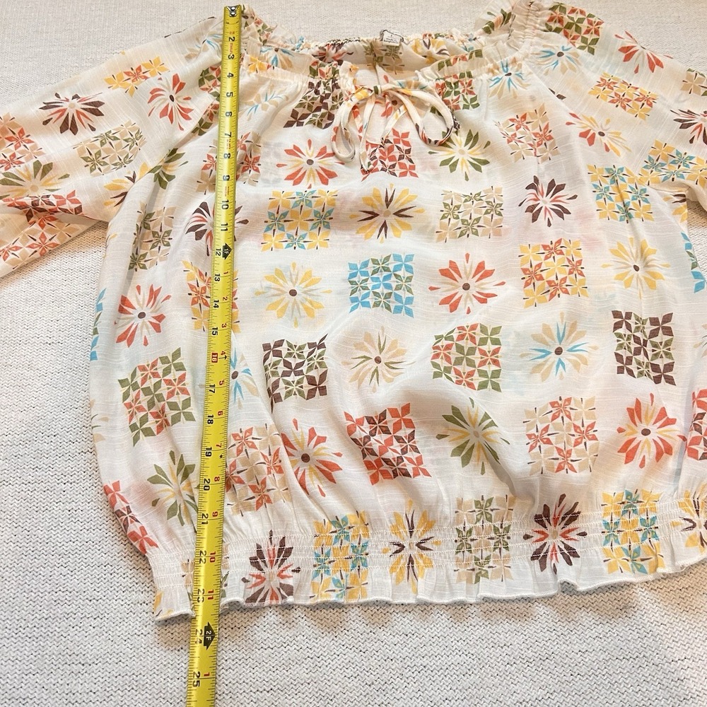 Floral Blouse Sz L Cottagecore Sheer Lightweight Boho 3/4 Balloon Sleeve Ruffle - Picture 11 of 14